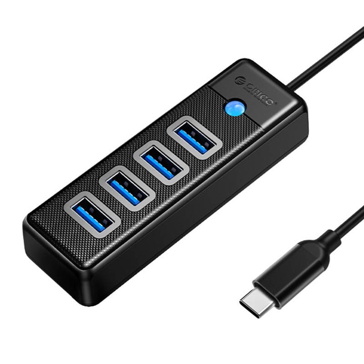 Orico PW4U USB-C хъб, 4x USB 3.0, 5 Gbps, черен, 92.9x30.6x19.5 mm