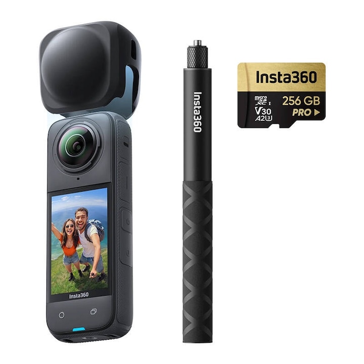 Спортна видеокамера Insta360 X4, 8K, 72MP, комплект с 256GB карта памет и 114см селфи стик