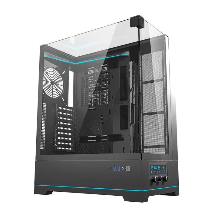 Carcasa Aerocool Volcan V1, 4 ventilatoare cu iluminate fRGB, ABS + SPCC Steel ATX Mid Tower, fara sursa, Negru