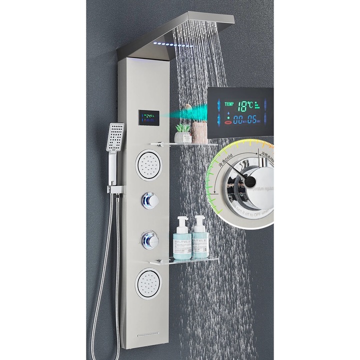 Coloana de dus, inox, control cu 3 manere, finisaj periat, cu cap de dus si afisaj digital al temperaturii