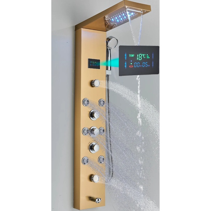 Coloana de dus, auriu, panou de dus cu functii de apafall si ploaie, control cu 3 manere, montare pe perete