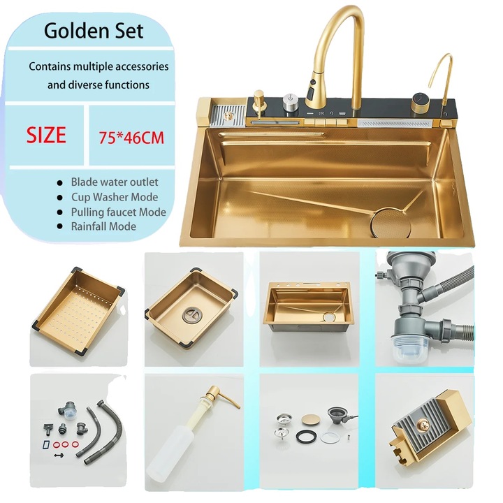 Fürdőszobai csaptelep szett, szálcsiszolt arany felülettel, több üzemmóddal, 75x46cm, 4 gomb