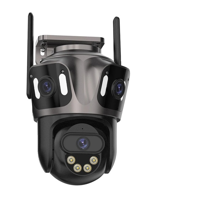 Камера за наблюдение, 8MP, дизайн с 3 лещи, бяла, с 64GB карта с памет, WiFi свързаност
