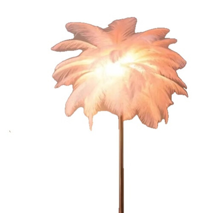 Lampa de podea cu pene de strut, roz, 160cm, corp de lampa aurie, 4 surse de lumina