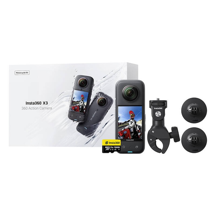 Спортна видеокамера Insta360 X3, мотоциклетен комплект, 360°, 5.7K, 128GB