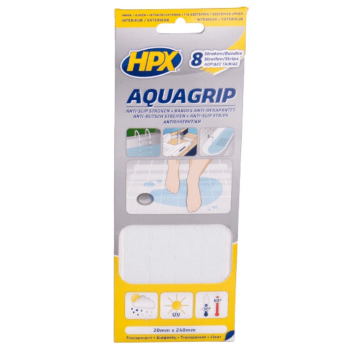 Banda antiderapanta AQUAGRIP, transparenta, set de 8 bucati, 20mm x 240mm