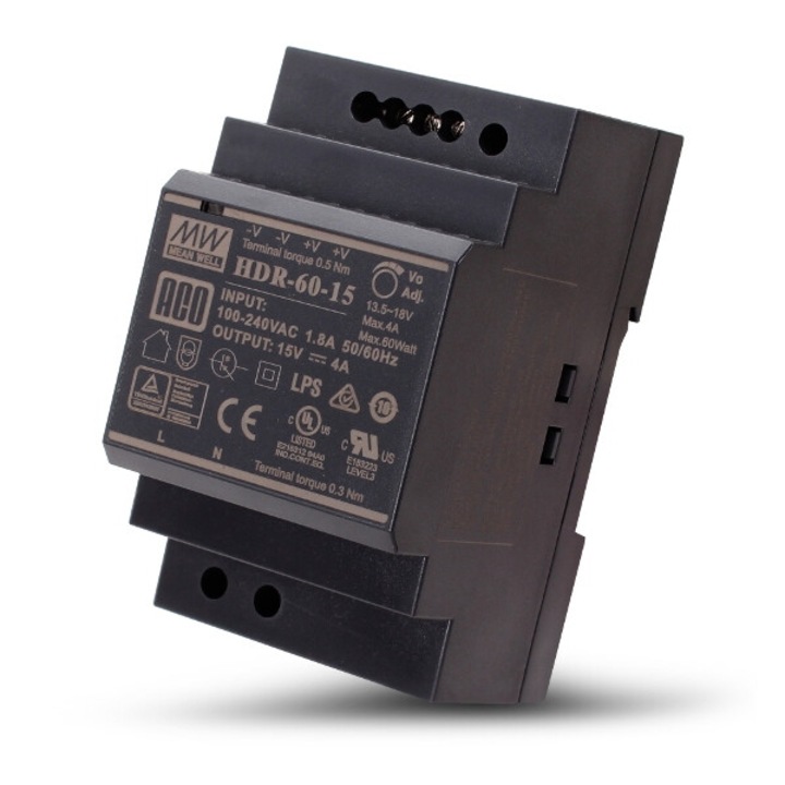ACO vezérlő PS-HDR-60-15, 54W, 15V, 4A, DIN sínre szerelhető
