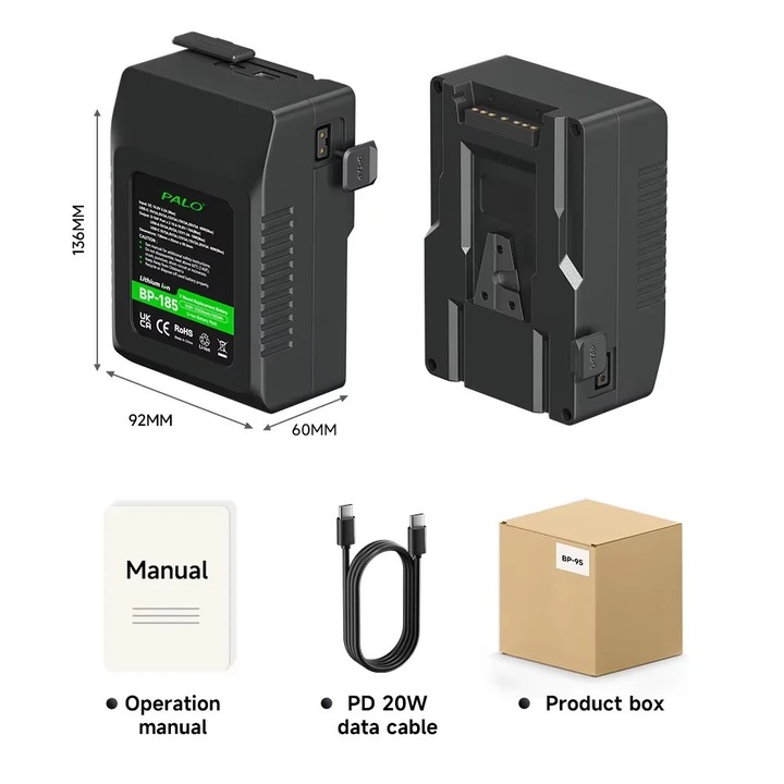 V-Lock BP-185 akkumulátor, 12500mAh, USB-C kétirányú, 136x92x60mm