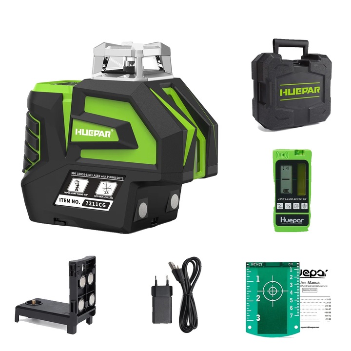Nivela laser Huepar 360, 130Ft distanta de lucru, precizie +/-1/9", set cu detector