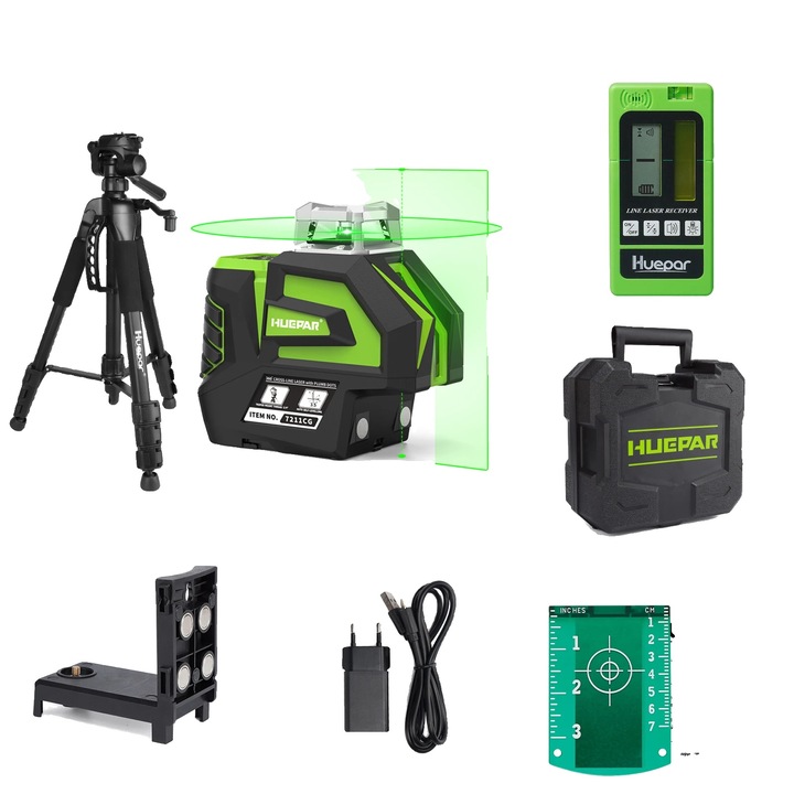 Nivela laser Huepar 360, distanta de lucru 130Ft, precizie +/-1/9", set cu trepied si detector laser