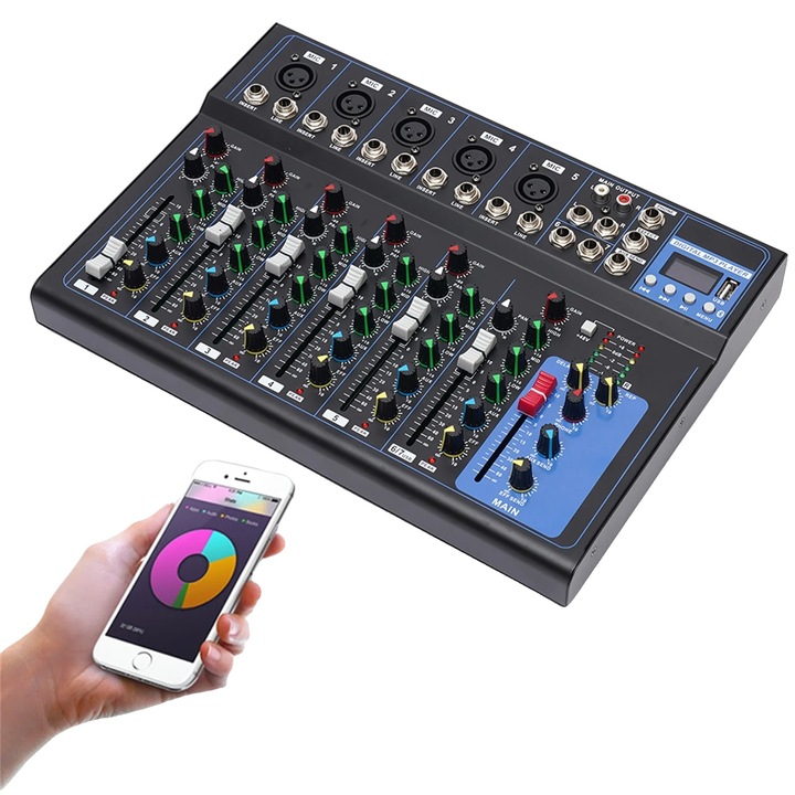 Mixer audio 7 canale, conectivitate Bluetooth, egalizare 3 benzi, negru, 33x23x37cm