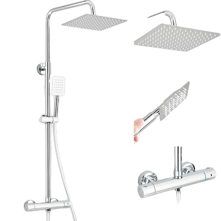 Set de dus cu termostat, cap de dus 8 inch, crom, inaltime ajustabila 80-120cm