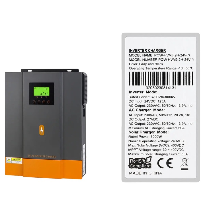 Inverter hibrid solar, 3200W, MPPT, 24V, display LCD, gri/portocaliu