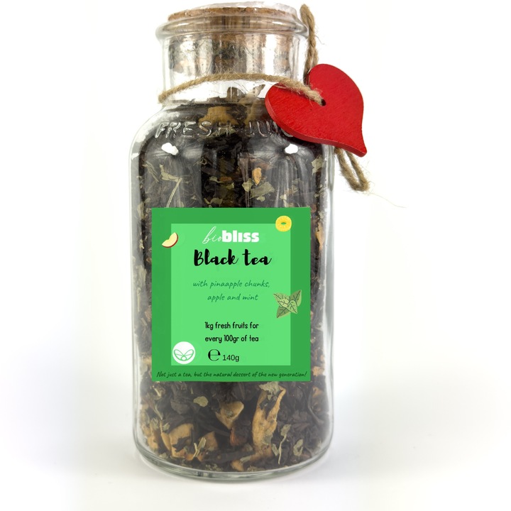 Ceai negru Bio Bliss, infuzat cu suc de ananas, cu felii de ananas, felii de mere si menta, 140 g