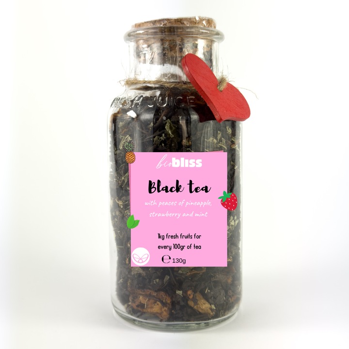 Ceai negru Bio Bliss, infuzat cu suc de ananas, cu felii de ananas, capsuni si menta 130 g