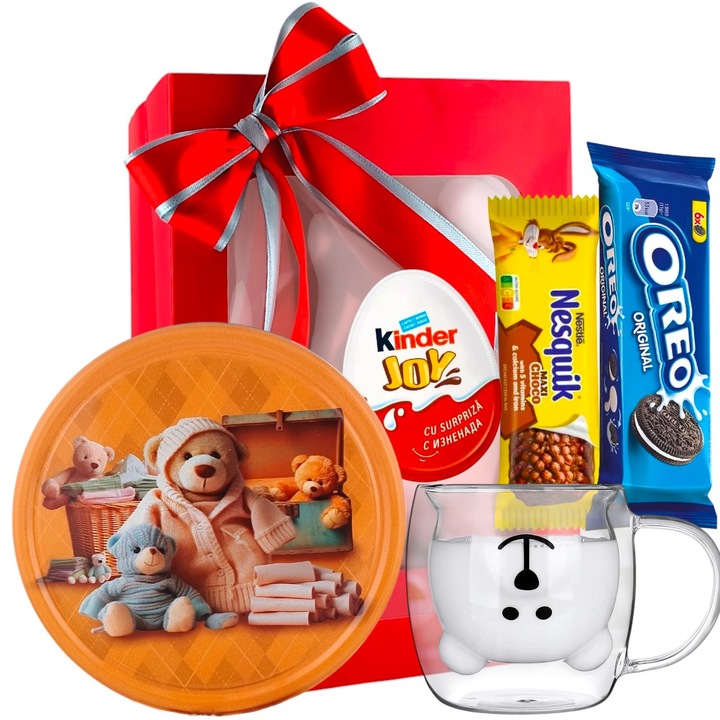 Pachet Cadou Copii Ursuleti Veseli – Fursecuri Daneze in Cutie Metalica cu Ursuleti, Cana Ursulet, Ou Kinder Joy, Biscuiti Oreo, Baton Nesquik, Ambalaj Festiv – CADOURI RAFINATE