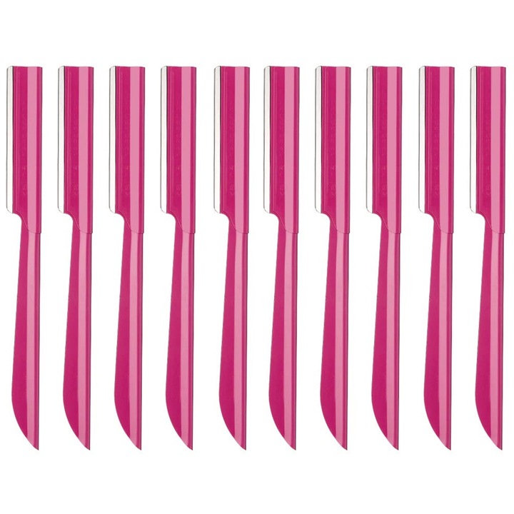 Комплект от 10 ножчета за бръснене за лице, SINBINTA, Ергономична дръжка, Здрава и остра, Повърхността е гладка, безопасна и издръжлива, Лесна за използване и пренасяне, Подходяща за лице, вежди и брада, Пластмаса, 13x1 см, Розово