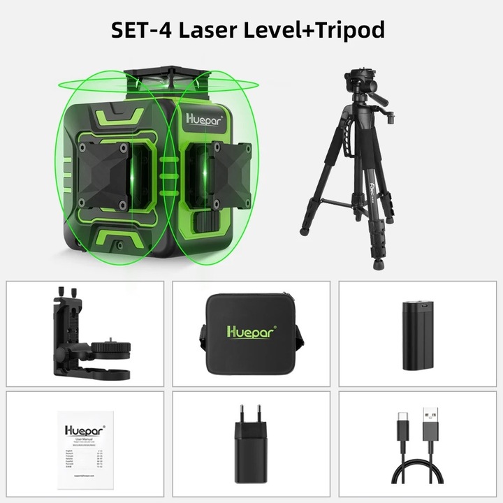 Nivel laser R03CG, proiectie 12 linii, alimentare cu baterie 5200mAh, set complet