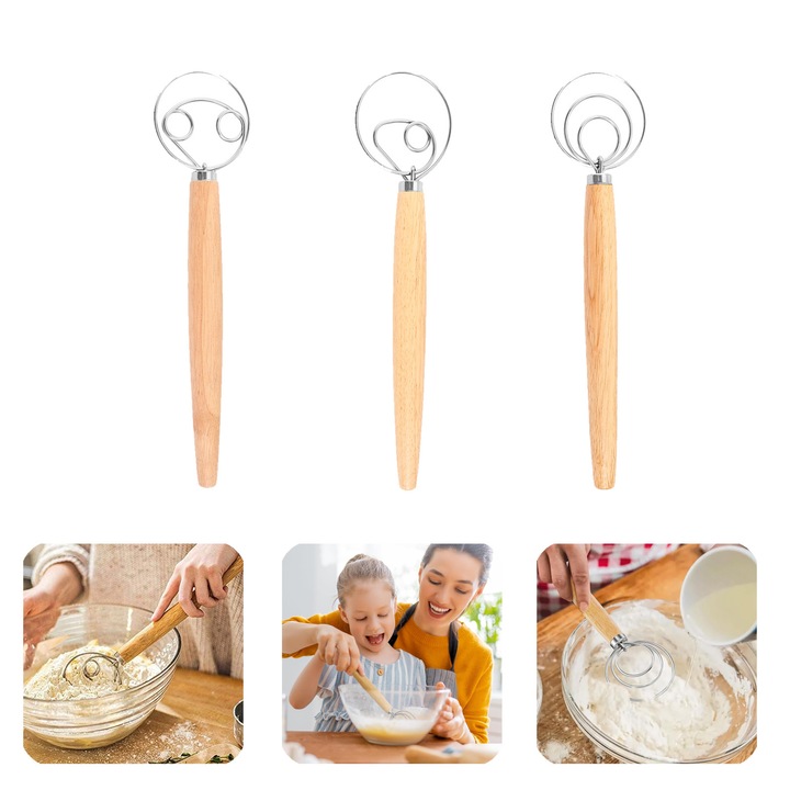Set 3 Teluri Profesionale, SINBINTA, Amestecare rapida, Suprafata este neteda, sigura si durabila, Design ergonomic, Usor de utilizat si de curatat, Pentru prietenii sau familia care iubeste coacerea, Lemn, 33x8cm, Bej