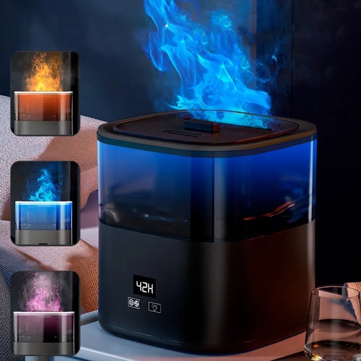 Овлажнител за въздух с ефект на пламък, Excitat®, цифров дисплей, 3-цветна градиентна светлина на пламъка, голям капацитет 1.1 л, LED, два режима на пръскане, интелигентно изключване при прекъсване на връзката, безшумен, за дома, офиса и колата, черен