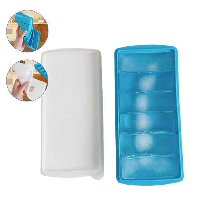 Forme pentru Cuburi de Gheata, 6 Compartimente, tava pentru, din silicon, cu capac, un must-have pentru frigiderele de vara, se poate asorta cu bauturi din fructe si vin, 240x115x40mm, albastru