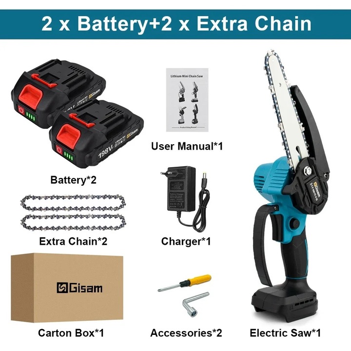 Мини електрически трион 6 инча 3300 об/мин 2 батерии 2 вериги син пълен комплект аксесоари