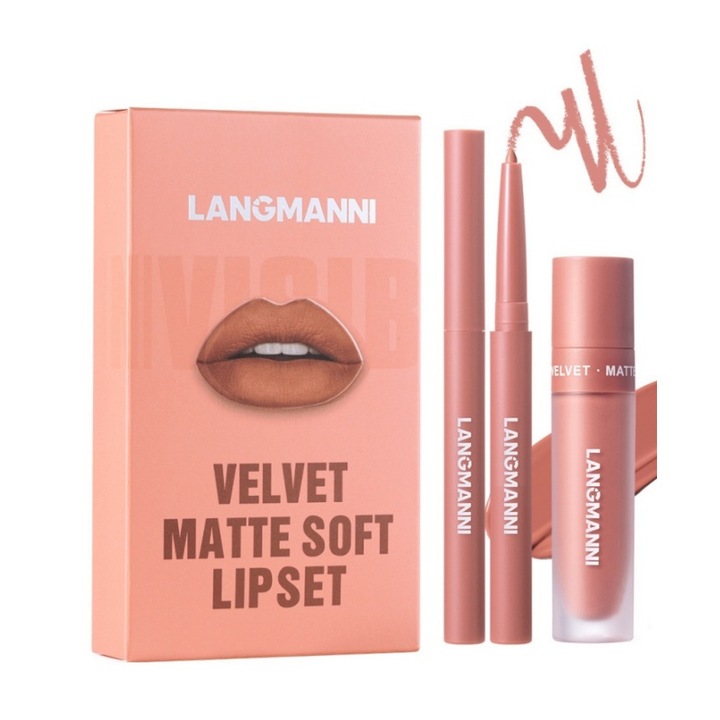 Set de rujuri mat, culoare lichida catifea pentru buze, cupa antiaderenta rezistenta la apa, maro nud, set de 3 piese