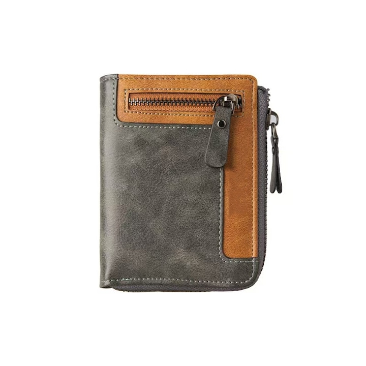 Portofel barbati, Piele ecologica, 9.5x12.5x2.3cm, Gri