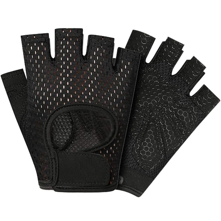 Manusi de fitness si antrenament, Hggzeg, Manusi fara degete, Cu protectie palma, Tesatura respirabila si rezistenta la uzura, Jumatate de deget si design antiderapant, Cu velcro adeziv, Microfibra, Marime L, Negru
