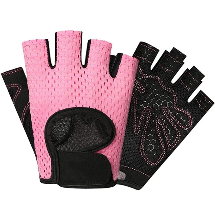 Manusi de fitness si antrenament, Hggzeg, Manusi fara degete, Cu protectie palma, Tesatura respirabila si rezistenta la uzura, Jumatate de deget si design antiderapant, Cu velcro adeziv, Microfibra, Marime S, Roz