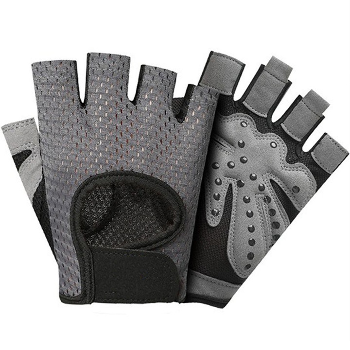 Ръкавици за фитнес и тренировка, Hggzeg, Ръкавици без пръсти, Със защита на дланта, Дишаща и устойчива на износване материя, Половин пръст и противоплъзгащ силикон, Залепващо велкро, Микрофибър/Силикон, Размер L, Сиво