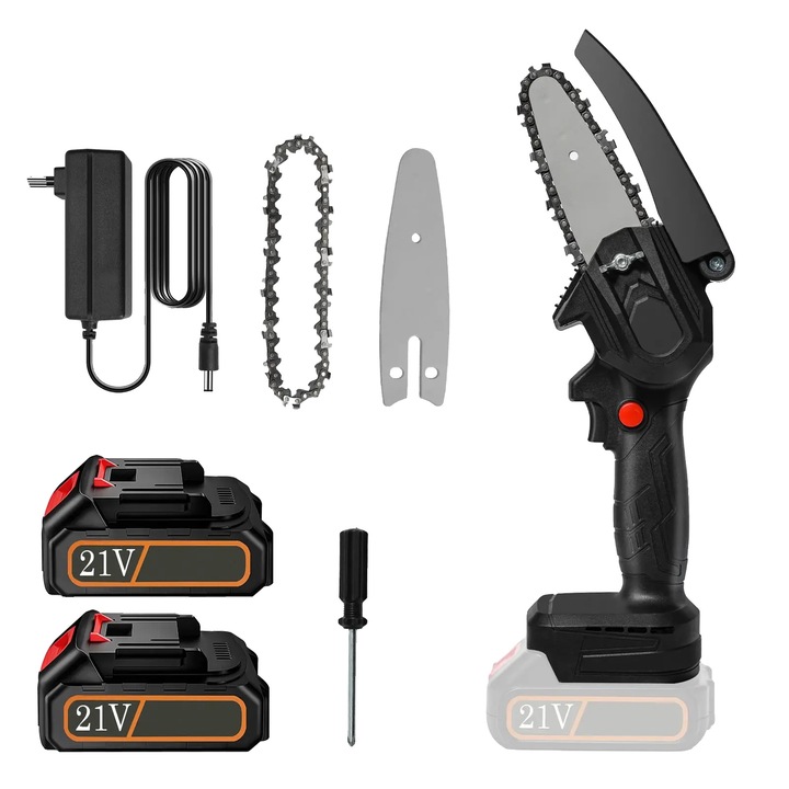 Мини моторен трион, 350W, 21V, с 2 батерии, водач за рязане, предпазен капак