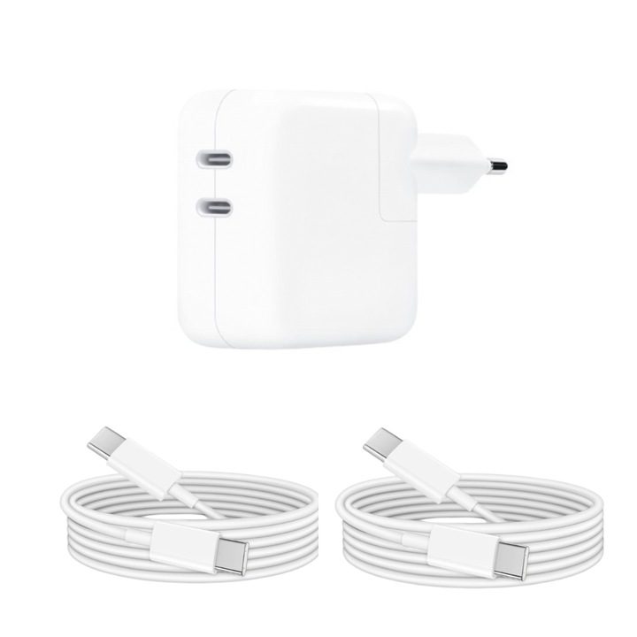 Set 3 buc incarcare rapida, USB-C, 50W dual usb C si 2 cablu USB-CC, 240w, 2m, woven compatibil cu iPhone 16, 16pro, 16, 15promax, iPad Pro 2020