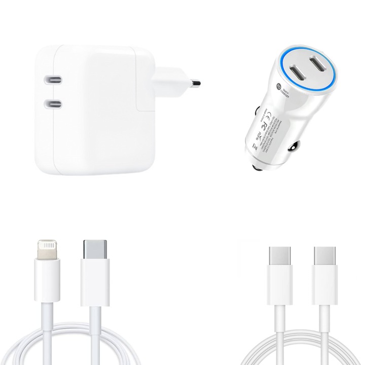 Kit Incarcator Dual USB-C 50W Fast Charger, 1 Cablu date USB-C-C 67W, 2M, 1 Cablu date USB-C-ligt 37W, 2M incarcator auto Dual USB-C-C 60W, Compatibil cu iPhone16, 16 pro max