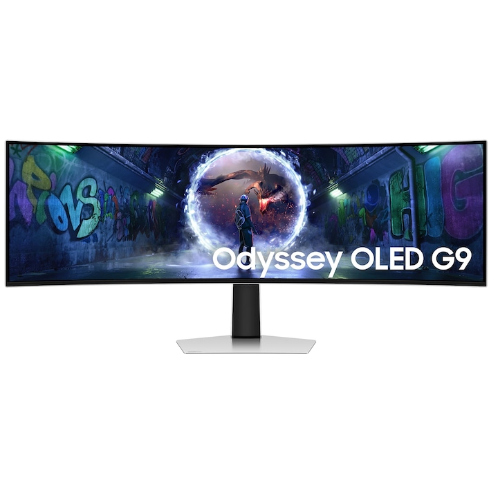 Монитор Gaming Извит OLED Samsung Odyssey G9, 49", DualQHD (5120 x 1440), 240Hz, 0.03ms, AMD FreeSync™ Premium Pro, NVIDIA G-Sync Compatible, Picture-by-Picture, Hub USB, HDMI, Micro HDMI, Display Port, USB, VESA, Pivot, Сребрист