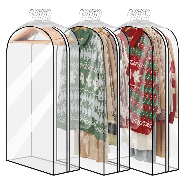 Комплект от 3 калъфа за дрехи, Hggzeg, Защитни калъфи за дрехи, Калъф за чисти дрехи, Прахоустойчив, Водоустойчив, Цял цип, Многократно използваем, Лек, За съхранение в гардероба и при пътуване, PEVA, 60x127 см, Прозрачен