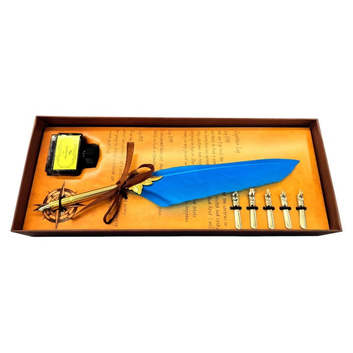 Set Stilou Vintage cu Pana de Gasca, 5 Penite si Calimara, turcoaz, 8-2/17