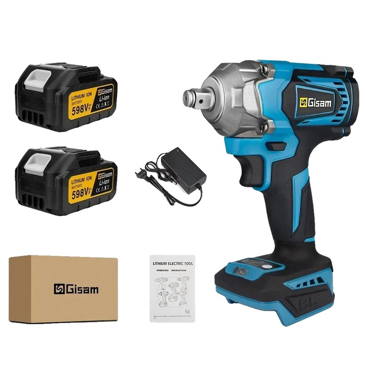 Cheie electrica cu impact, cuplu 1200N.M, motor fara perii, set cu 2 baterii