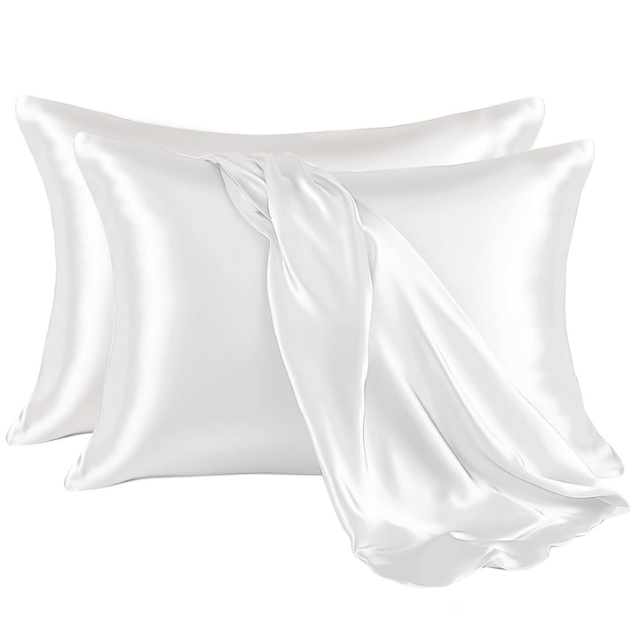 Комплект от 2 сатенени калъфки за възглавници, SINBINTA, Протектори за възглавници, които могат да се перат в пералня, Не се намачкват, Устойчиви на избледняване, Устойчиви на петна, За жени, мъже, деца и тийнейджъри, Полиестер, 51 x 75 см, Бяло