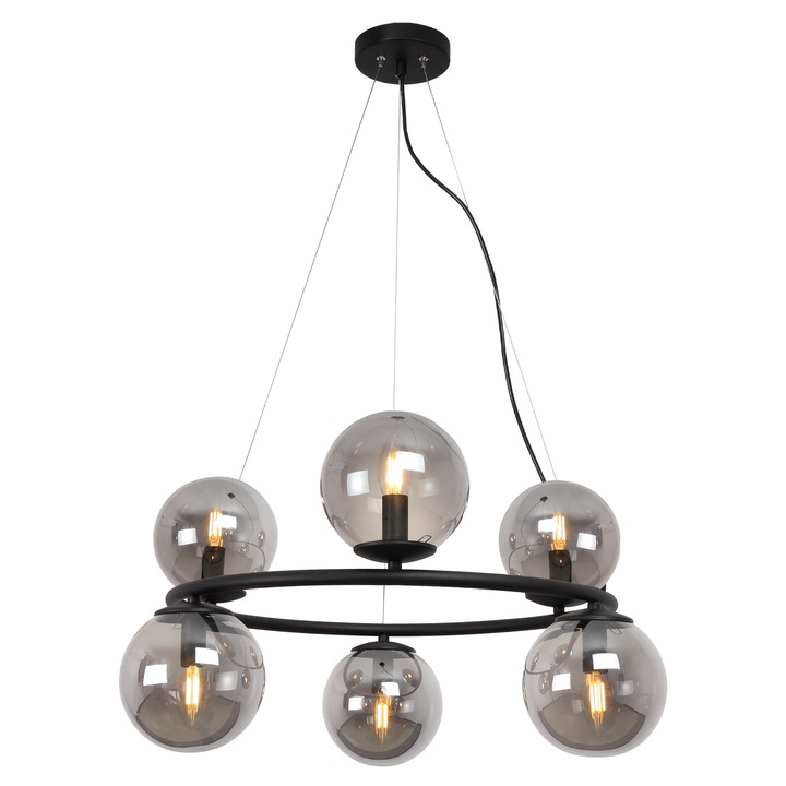 Lampa Suspendata, Light Home, Aura, E14, Pendul, Clasa A, 15 cm x 15 cm x 10 cm, 60 W, 6 puncte de lumina, Metal|Sticla, Grafit/Negru