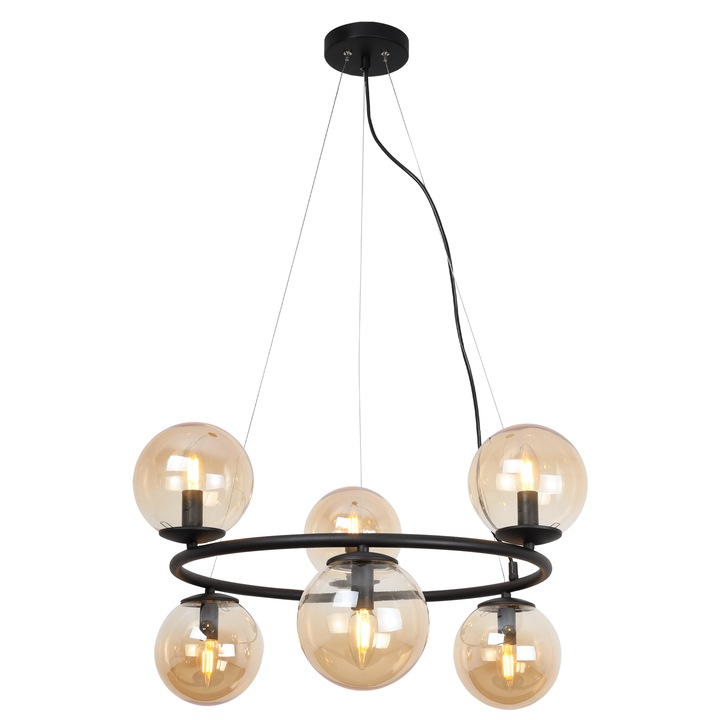 Lampa Suspendata, Light Home, Aura, E14, Pendul, Clasa A, 15 cm x 15 cm x 10 cm, 60 W, 6 puncte de lumina, Metal|Sticla, Miere/Negru