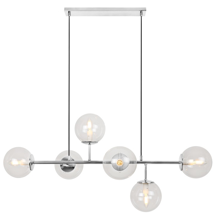 Lustra, Light Home, Siena, E14, Clasa A, 15 cm x 15 cm x 40 cm, 60 W, 6 puncte de lumina Metal|Sticla, Transparent/Crom