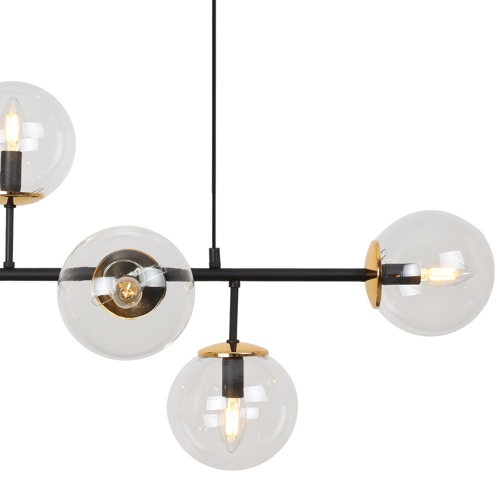 Lustra, Light Home, Siena, E14, Clasa A, 15 cm x 15 cm x 40 cm, 60 W, 6 puncte de lumina Metal|Sticla, Transparent/Negru/Auriu