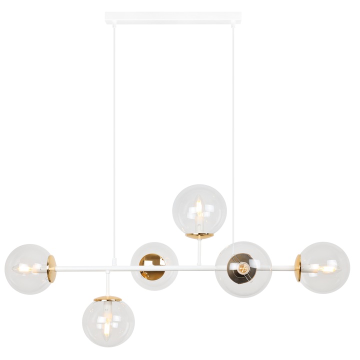 Csillár, Light Home, Siena, E14, A osztály, 15 cm x 15 cm x 40 cm, 60 W, 6 fénypont Fém|Üveg, Átlátszó/Fehér/Arany