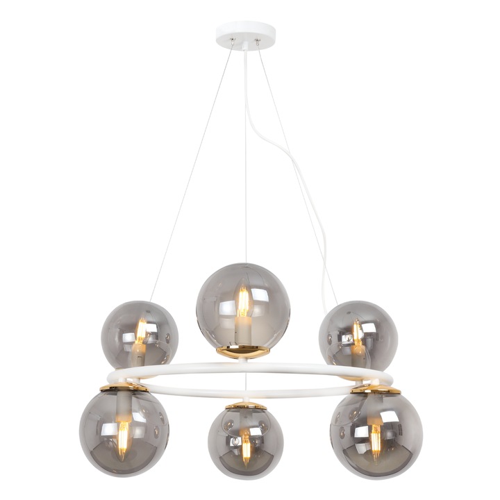 Висяща лампа, Light Home, Aura, E14, Махало, Клас A, 15 см x 15 см x 10 см, 60 W, 6 светлинни точки, Метал, Стъкло, Графит/Бяло/Злато