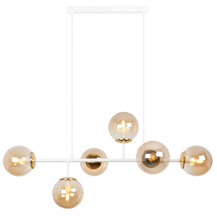 Lustra, Light Home, Siena, E14, Clasa A, 15 cm x 15 cm x 40 cm, 60 W, 6 puncte de lumina Metal|Sticla, Miere/Alb/Auriu