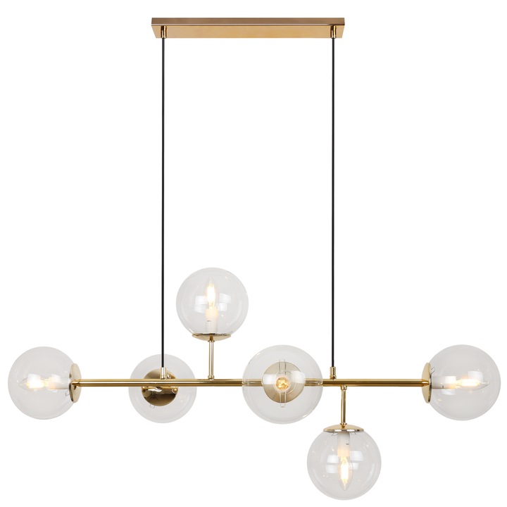 Lustra, Light Home, Siena, E14, Clasa A, 15 cm x 15 cm x 40 cm, 60 W, 6 puncte de lumina Metal|Sticla, Transparent/Auriu