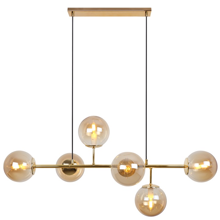 Lustra, Light Home, Siena, E14, Clasa A, 15 cm x 15 cm x 40 cm, 60 W, 6 puncte de lumina Metal|Sticla, Miere/Auriu