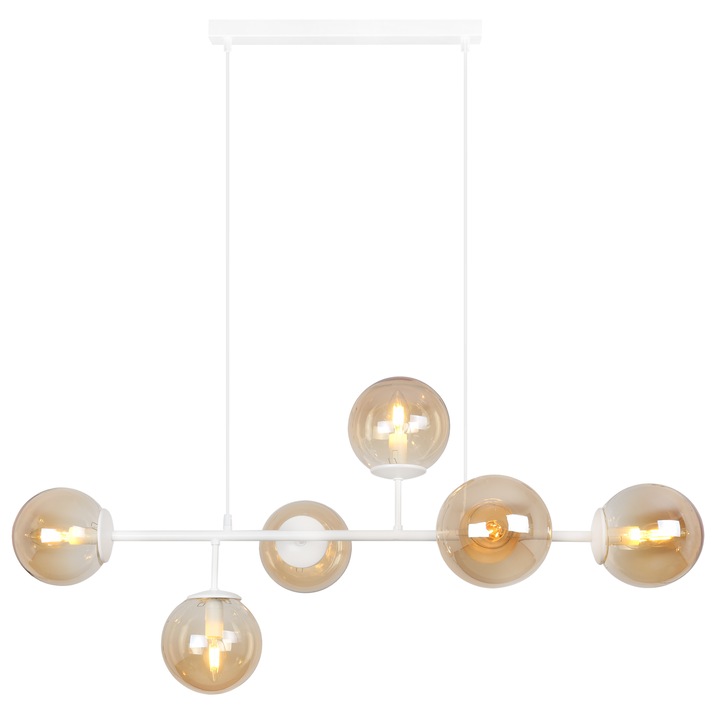 Lustra, Light Home, Siena, E14, Clasa A, 15 cm x 15 cm x 40 cm, 60 W, 6 puncte de lumina Metal|Sticla, Miere/Alb