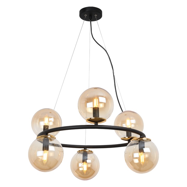 Lampa Suspendata, Light Home, Aura, E14, Pendul, Clasa A, 15 cm x 15 cm x 10 cm, 60 W, 6 puncte de lumina, Metal|Sticla, Miere/Negru/Auriu